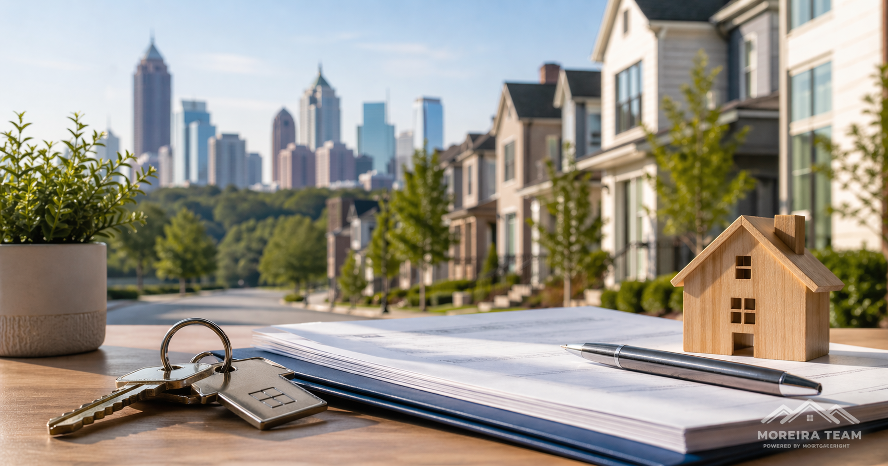 Atlanta skyline silhouette with a house and key icon, representing down payment assistance in Georgia