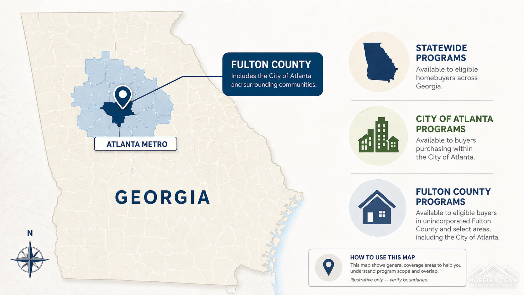 Simplified outline map of Georgia with Atlanta area and Fulton County highlighted to show general program coverage